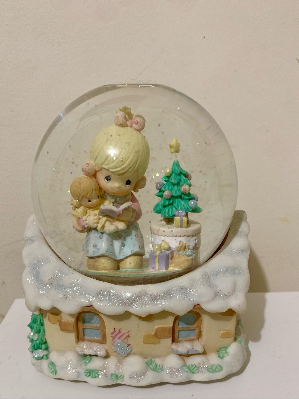 Precious Moments Pastel Holiday Snow Globe with Blonde Girl and Green Tree